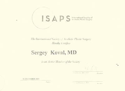 Сертификат членства в Международном Обществе Пластических Хирургов
